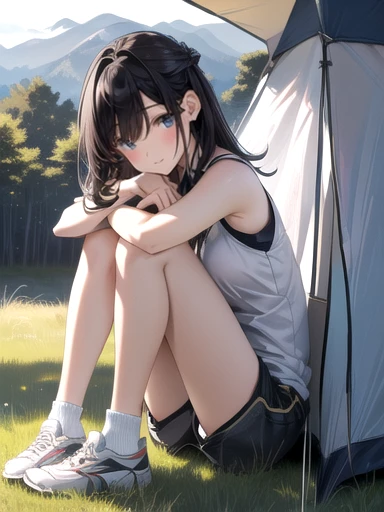 Frightenedたgirl, torn tank top, Zippered shorts, During camp, Solo Camping, girl [Frightened by being キャンプ], In the grassland, In the woods, With the Sun, With trees, Mountains and, Grassland, Campsite, In front of the tent, Sexy pose, Full Body Shot, Spot...