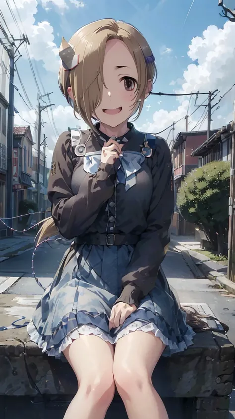 masterpiece, Best Quality, High resolution, Very detailed,(((Shirasaka Koume))), (((Horse Girl))), (((Sitting far away))), (((Around town))), (((blue sky))), (((electric wire))), (((Laughing))), (((One girl))), (((solo))), (((Blonde))), (((Brown Hair))), (...