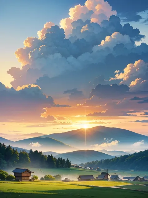 An 8K anime wallpaper featuring a serene and atmospheric landscape, inspired by the gentle and nostalgic style of Keiichi Hara. The scene portrays a peaceful rural countryside during golden hour, with soft, warm lighting casting long shadows over rolling h...