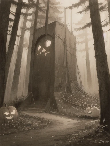 (masterpiece, highest quality, very detailed: 1.5), black and white, ((sepia)), ((pencil drawing)), Jack-o-Lantern Anthropomorphic, Gloomy, Chiron Crush, Ultra Wide Angle, Octane Rendering, Surrealism, Museum Lighting, Forest Environment, Unreal Engine,