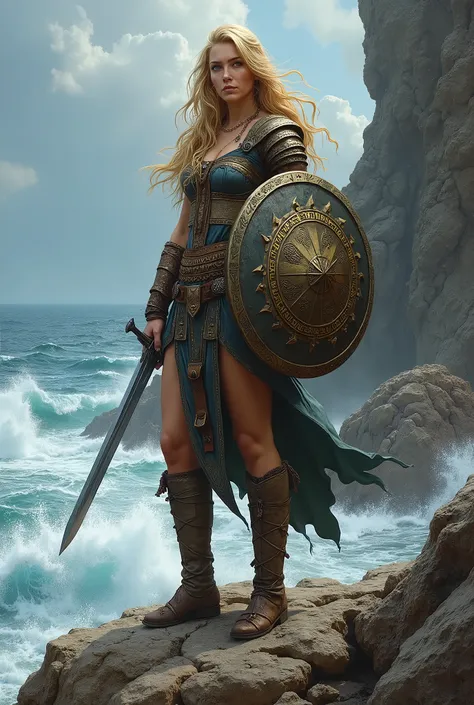 in RPG style, in style of Dungeons & Dragons, in style of fantasy painting. Full body view, looking at the viewer. image of a female viking warrior with sword in right arm and shield in left arm. Shield covers left arm. Standing with both feet on the rock....