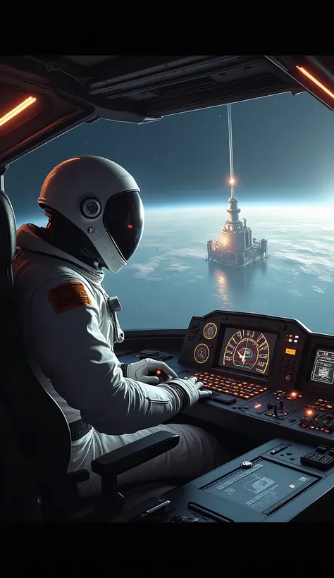 An astronaut in spacesuit is sitting in the cockpit of a spacecraft, outside the cockpit window is pitch black and beautiful space and a big beautiful lighthouse on a small satellite is guiding him by emitting warm laser light ,dynamic camera work