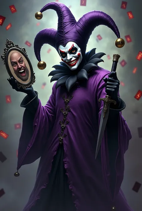 create a dark jester persona, with a grotesque smiling mask and intelligent eyes. He wears purple and black clothes, with bells on the hat, and seems to float eternally. In one hand, carries a dagger, e na outra, a distorted mirror. Tarot cards float aroun...