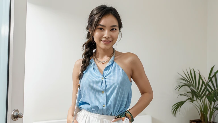 The image depicts a cheerful young Asian woman in what appears to be a dressing room or closet. She has long black hair styled in a braid draped over her left shoulder and is wearing a light blue sleeveless button-up shirt. Her outfit is complemented by bl...