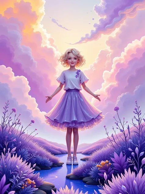 resin style，resin material，resin art，一幅异想天开的抽象resin art，depicts a beautiful happy girl，used、a palette of purple and lilac shades...