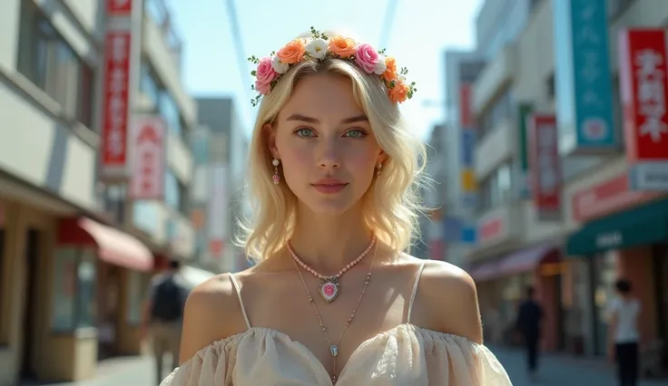 Full body, botton view, Photographic, superrealism , Portrait, Front view, standing pose,  standing road in street, in Ginza of Tokyo, 2024 years,  Beautiful  Ukrinian  White girl, she is 18-age, ( blond hair, middle hair, small lip, smile),(flower crown, ...