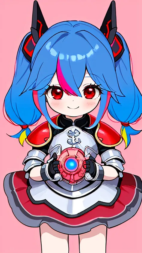 Best Quality, 4K, masterpiece, Very detailed, high detail, One girl, Alone, Peri, Blue Hair, Hair above the eyes, Multicolored Hair, Twin tails, Pink Hair, Red eyes, Two Tone Hair, armor, smile, Burning city background