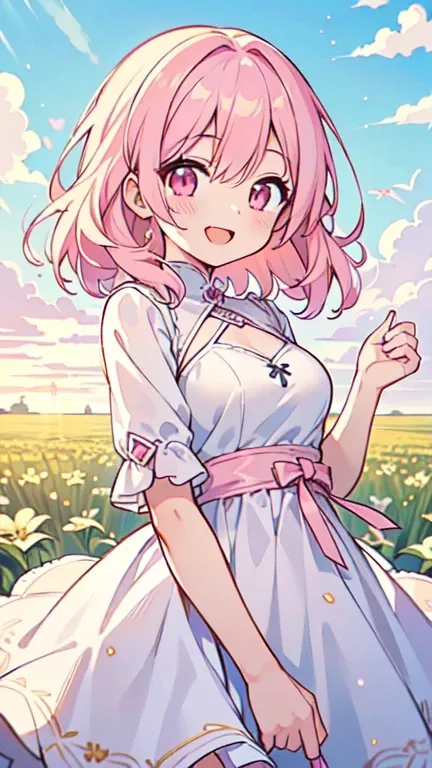 ((A pretty girl with light pink hair and pink eyes)), ((Wearing a white dress)), baby face, ((Top quality, masterpiece, Ultra high definition, High resolution)), anime girl, ((Very detailed illustrations:1.2)), Just one person, bangs, Hair between the eyes...