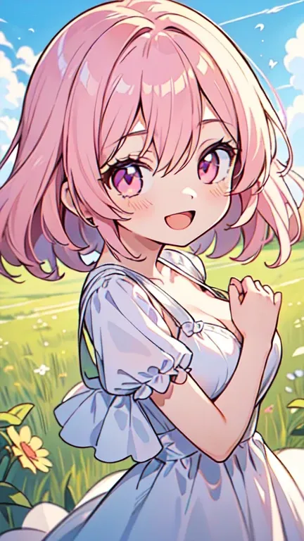 ((A pretty girl with light pink hair and pink eyes)), ((Wearing a white dress)), baby face, ((Top quality, masterpiece, Ultra high definition, High resolution)), anime girl, ((Very detailed illustrations:1.2)), Just one person, bangs, Hair between the eyes...