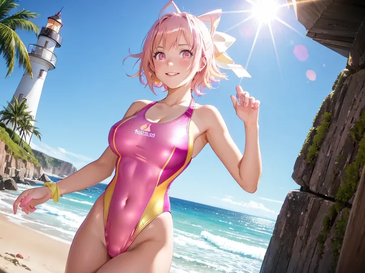 8k ultra high resolution, top-quality,Super detailed,Award-winning:1.3,Original photo, Smile and show it to me,blush,Anatomically correct, beautiful body and limbs,One Girl,(Wear a competitive swimsuit:1.3),(bare shoulders:1.01),Big Breasts, One Girl, (Ham...