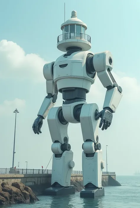 high detail, high quality, RAW Photos, 8k, Japanese special effects movies, Giant robot special effects movie, Lighthouse Robot, The lighthouse is the body and head, The lighthouse itself is the body and head:1.9, Robotic limbs reaching out from the lighth...