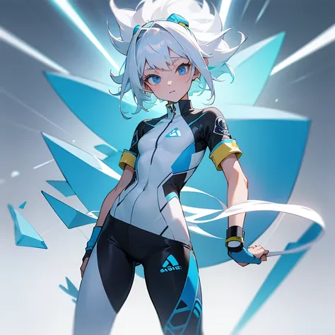 teenage girl, white hair with yellow streaks, blue eyes, bulky body. Sports outfit with light blue and white colors. Alien artifact as a white colored wristband, celeste, violet and black grey