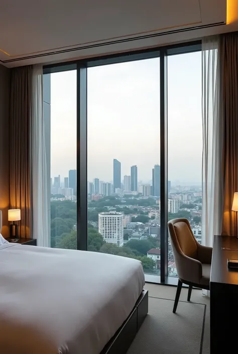 A modern rental room with large windows overlooking an aerial view of Hanoi. The room is sleek and contemporary, featuring minimalist furniture, including a comfortable bed, a stylish desk, and warm ambient lighting. The cityscape outside the window shows ...