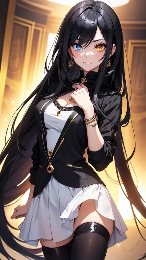 Anime Girl 20 years, balck-withe hair, elegant and sofisticate, happy, with luxurious jewelry, one eyes black, one eye white, happy, smiling, 

Hot clothes, hot girl, hot eyes, hot face, near,, pose

"Heterochromia blue and yellow" 
 