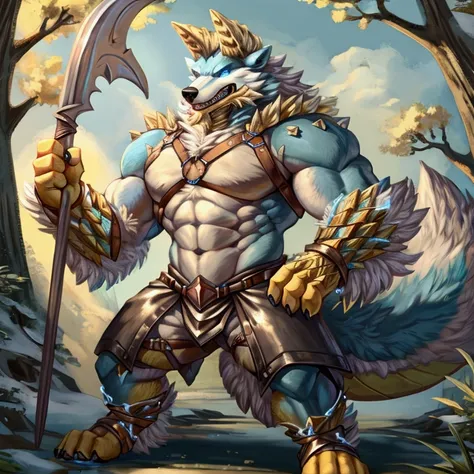 a fusion of a wolf and a dragon, yellow horns, high quality, 4k, wolf tail,((full body, blue eyes, blue body, white furry, yello...