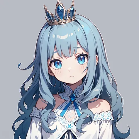 Masterpiece, best quality, intricate details, detailed, 
(solo, young girl:1.1), Petite, 
(upper body, looking at viewer), (simple background, gray:1.3), 
(thick outline:1.2),  
BREAK
blue hair, long hair, Wavy shoulder-length hair, silver tiara, 
Sapphire...