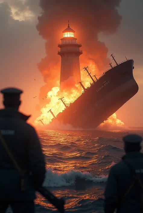 Accident in front of the lighthouse、The tanker bent down the middle and sank.、Big Explosion、big flash、Huge Flame、silhouette、Backlight、Lighthouse Panic