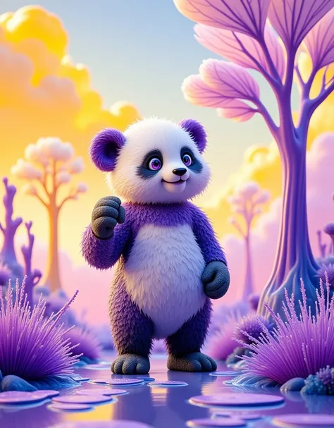 [Vision:1.0]，[Wide Angle:1.0]，cute，Mechanical panda，High-precision mechanical details，While traveling，Cartoon Animal Close-up，Resin style，Resin material，Resin Art，utilizing a color palette of yellow, A palette of purple and lilac shades, This artwork is do...