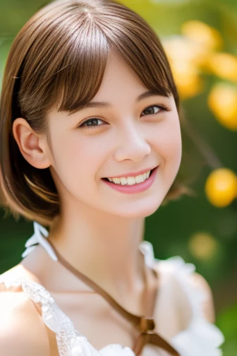 (row photo, Best quality,8K,high resolution,masterpiece:1.2), A Japanese girl, 25 years old , light smile, Delicate face，Delicate eyes，Dark brown hair, dark brown eyes, Short straight hair，Shining amber eyes，pale skin, Suspenders, large breast, 