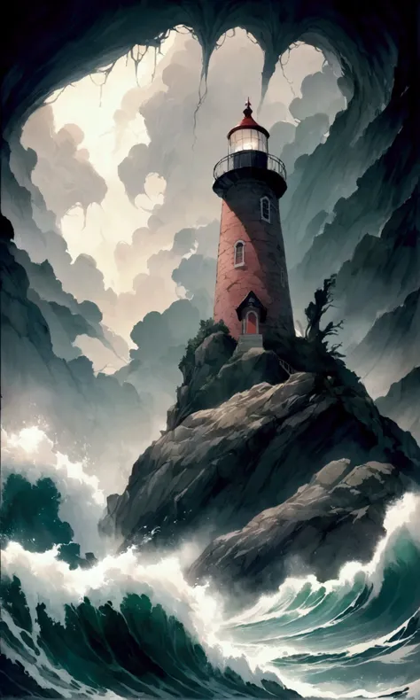 A light house, 1900s English style with its light blazing in a raging storm, built on a rocky small island, waves batter the lower portion, enormous eldritch horror cthulu arises nearby