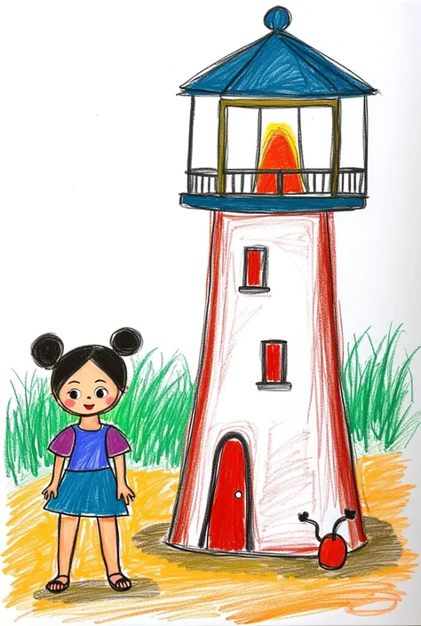 a lighthouse on the beach,1girl,child-like drawing style,simple linework,colorful,whimsical,vibrant colors,soft lighting,dreamy atmosphere,cute,playful,innocent,positive mood,(Stick Figure, Simple doodle, Poor drawing skills, Crayon Drawing, Fairy tale sty...