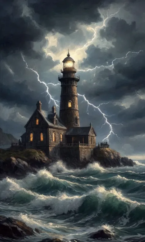 A light house, 1900s English style architecture, light blazing in a raging storm, rocky small island, waves batter the lower portion, enormous eldritch horror Cthulhu arises nearby, chulu is lit/outlined by lightning flashes, (best quality,4k,8k,highres,ma...