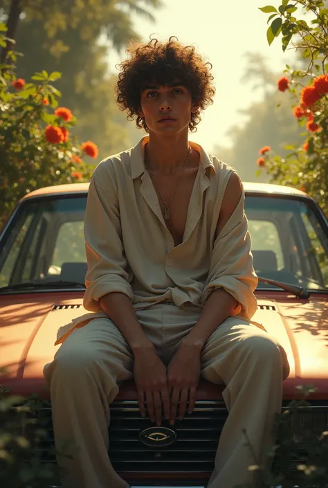 (photorealism:1.2), beautiful sad boy, sitting on car bonat, wearing loose off-shoulder , pajama pants, short curly hair, outdoor, soft lighting, plants in background with sunlight,  relaxed pose, realistic, intricate details, warm colors, by Greg Rutkowsk...