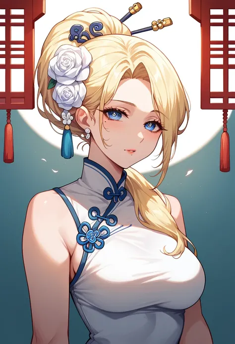 mixed_artwork style, (detailed eyes), (Mature woman), beautiful woman, medium breasts, blonde long hair, ponytail on shoulder, (oriental white dress, murim, cultivator), blue eyes, mole under eye, huge body, white flower on hair