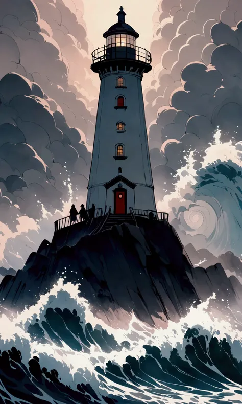 A light house, 1900s English style with its light blazing in a raging storm, built on a rocky small island, waves batter the lower portion, enormous eldritch horror cthulu arises nearby