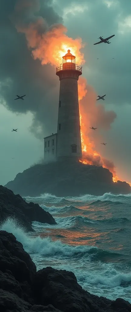 Lighthouse on fire after being bombed, bombers flying in formation overhead, late night, view from below, cinematic, dramatic lighting, moody atmosphere, gloomy clouds, ominous sky, turbulent waves, crashing sea, weathered stones, rugged coastline, atmosph...