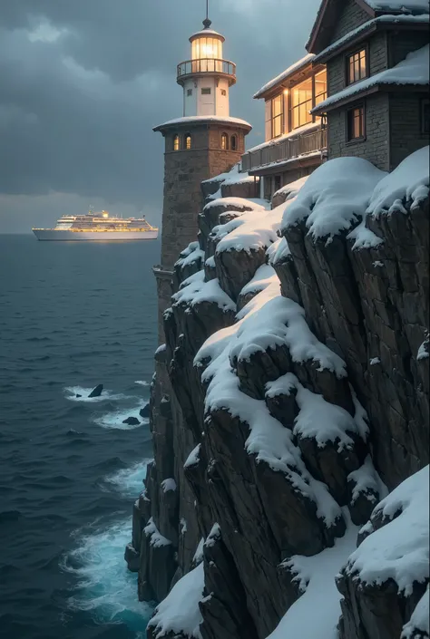 Create a hyperrealistic 8K image of a towering lighthouse standing atop a snowy, ice-covered mountain, facing the sea below. Inspired by the grand landscapes of Caspar David Friedrich and modern hyperrealist photography, the scene is viewed from near the l...