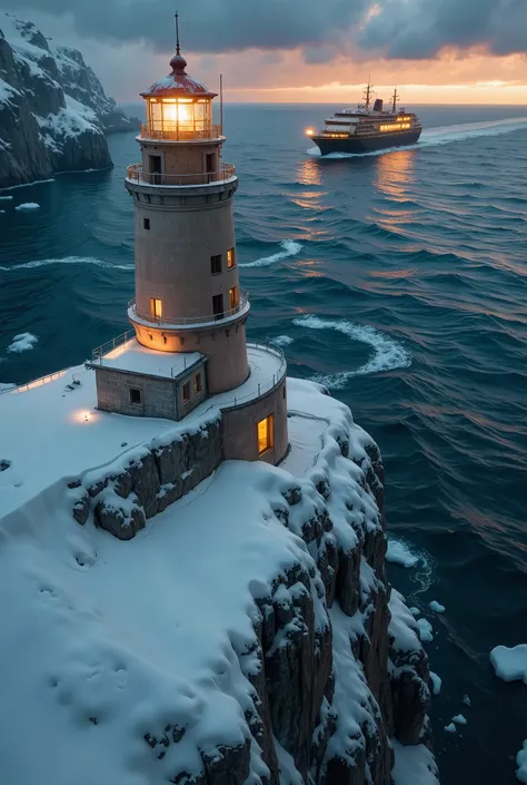 Create a hyperrealistic 8K image of a towering lighthouse standing atop a snowy, ice-covered mountain, facing the sea below. Inspired by the grand landscapes of Caspar David Friedrich and modern hyperrealist photography, the scene is viewed from near the l...