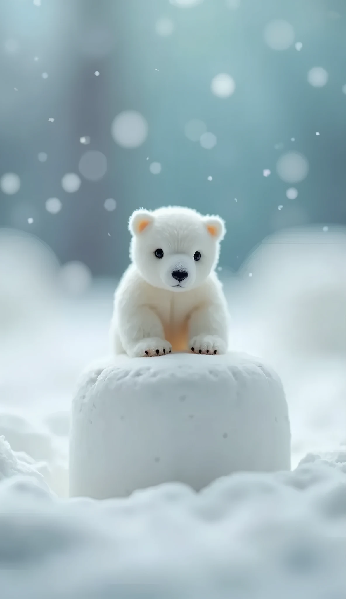 A highly detailed, creative close-up shot with a shallow depth of field, featuring a finger-size tiny polar bear, precisely six centimeters tall, sitting atop a large, fluffy marshmallow. The polar bears soft white fur contrasts with the marshmallow’s smoo...