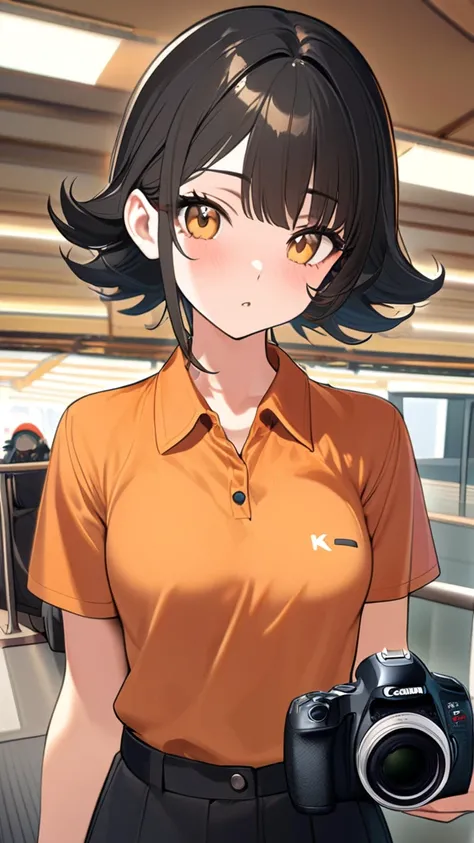 (1 cute Korean star) Flipped her hair, light makeup, Medium chest size, Orange polo shirt, At the station, clear facial features of Canon EOS, 16k, High resolution, Expose too much, Cut-in, 超High resolution, High resolution, Best Quality