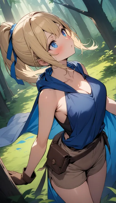 (masterpiece:1.2),High resolution, Attention to detail, high quality, High resolution, high quality, 4K, 8k、Beautiful work,illustration,a dense forest,1 young woman, long blond hair in a ponytail adorned with a blue ribbon，blue eyes, blush,clavicle, Full o...