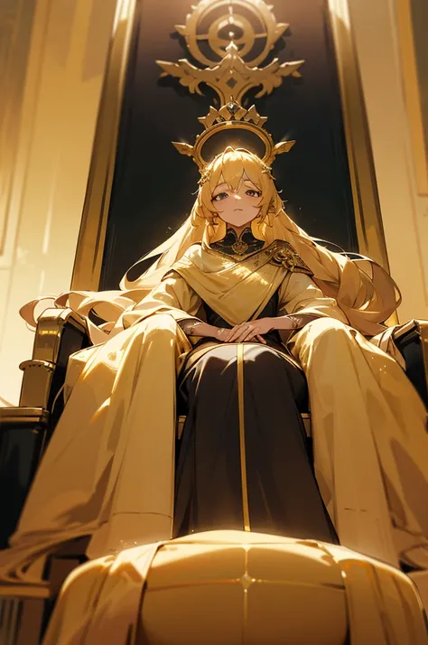 A woman sitting on a throne. 1 woman, blond hair. Demi-goddess, golden aura around, tired look. slightly sad, good anatomy, perspective. Royal dress. royalty. FIRST WORK