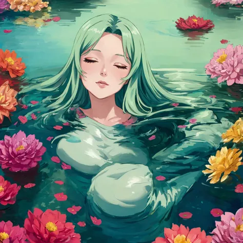 painterly anime artwork, painterly anime artwork, Semi-realistic artstyle, (mature face, adorable woman), long hair, closed eyes, floating in water, pond, detailed flowers, Ophelia 
 masterpiece, best quality, natural beauty, insanely detailed, breathtakin...