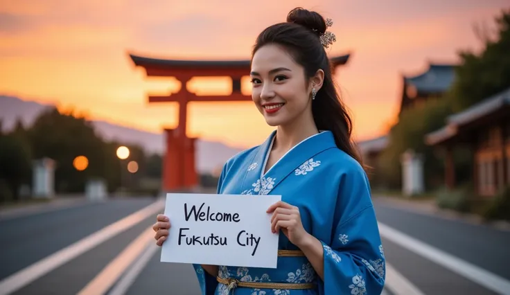 cowboy shot,  side face, 1 woman, beautiful young American  actress, Gal Gadot, 30-age, (dark brown hair ,long hair, beautiful brown eye, smile), (C cup breasts, wide hip), ( Japanese traditional blue Kimono, kimonos below  flower pattern , White obi with ...