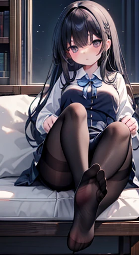 The best, masterpiece, High resolution, (whole body), Frontal lobe, Symmetric, Mature Schoolgirl, Alone, (whole body from head to toe), Small Very Large Breasts、, Long Hair, slightly Messy Hair，Black Hair, (black footgings), ( (Black pantyhose), Black pant...