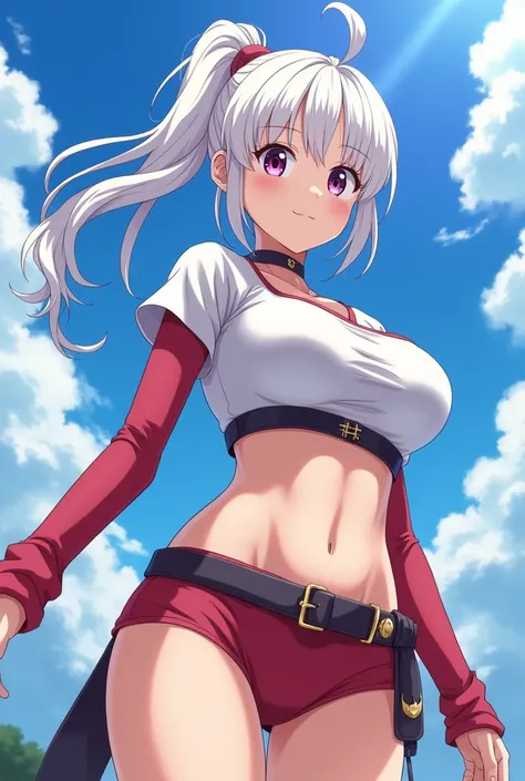 HD、Animation style、white hair 、Purple Eyes、girl、huge breasts 、High school student 、single ponytail、Baseball player、Light color short sleeve top、Long sleeve red underwear、Good shape、Thin、sash、Sky、cloud、sunny、plump breasts、Navel exposed、dazzler、Breasts expos...