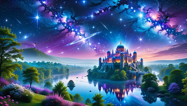 A Masterpiece In 32K Resolution, Supreme Quality, Super Detail, Official Art, Very High-Resolution 32K Wallpaper. Celestial And Dreamlike, Ultra-Detailed Features, An Expansive Sky Full Of Luminous Stars And Swirling Galaxies. Floating Castles Soar Through...