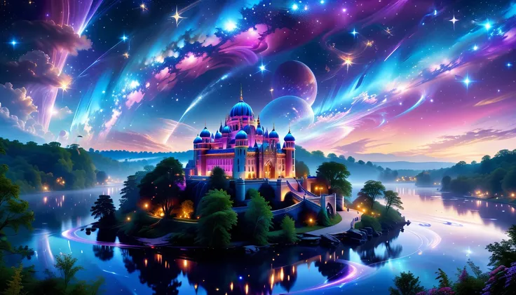 A Masterpiece In 32K Resolution, Supreme Quality, Super Detail, Official Art, Very High-Resolution 32K Wallpaper. Celestial And Dreamlike, Ultra-Detailed Features, An Expansive Sky Full Of Luminous Stars And Swirling Galaxies. Floating Castles Soar Through...