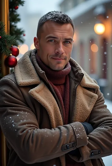 A handsome, sexy and imposing Russian man in his 30s, light skin, grey eyes, dressed in a stylish winter coat, red, beige turtleneck sweater, in a snowy Christmas town, strong and muscular legs big bulge, masterpiece , leaning on a golden metal post with C...