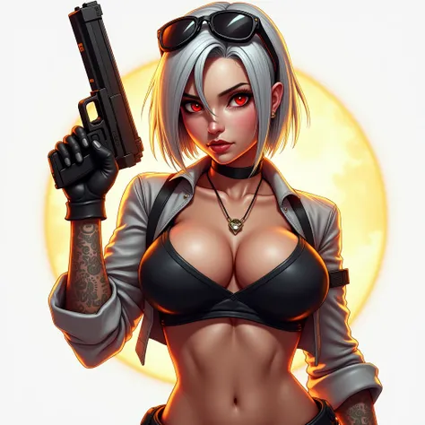 Create a free fire gaming logo 3D for a Professional Gamer ultra detailed, Gamer sexy girl with a sexy busty girl player with short grey hair inside with a gun in the hand, red eyes, aviators sliding down, tight crop top, looking at the camera, 8k, serious...