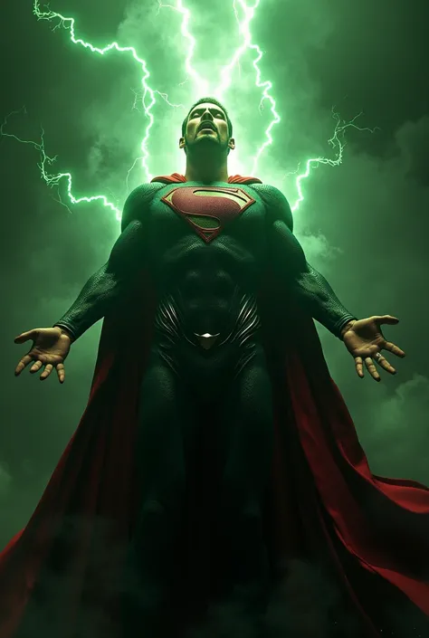 a stressed and desperate Superman, small beard, closed eyes, standing against a wall, arms outstretched, screaming in pain, green lightning bolts radiating from the character, highly detailed, hyperrealistic, dramatic lighting, cinematic, digital painting,...