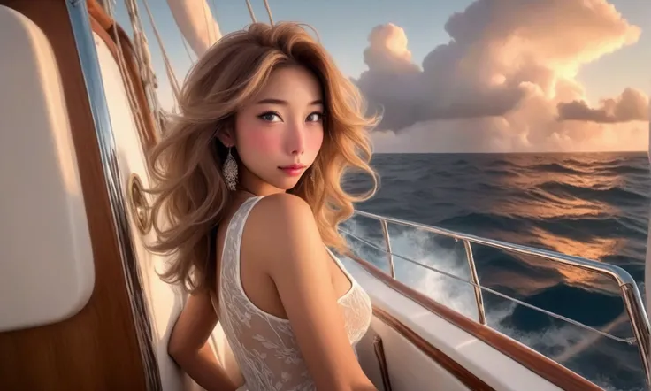 A fancy sailing boat, mid day, rich bitch yuna (nude) flashing the light house crew from the deck of the sail boat, lewd gestures and flirtation, calm seas off an isolated light house, view is low and behind yuna, beautiful detailed eyes, beautiful detaile...