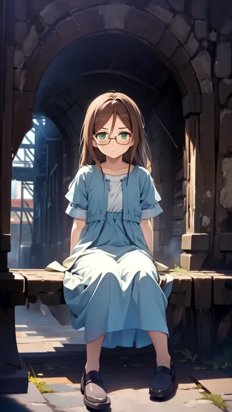 Aile_Megmanzx , 1girl, Simple background, Long hair,  Green eyes, Brown hair,  Dress , sitting, glasses