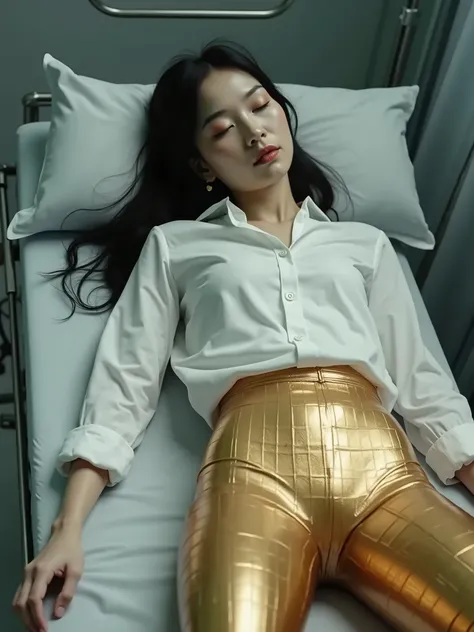 A beautiful dead asian girl, dead body on autopsy room, killed dead body on autopsy table, full supine body, closed eyes, white shirt, golden shiny latex leggings textured, focus on leggings, ultra realistic