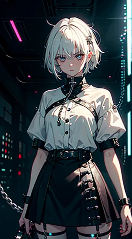 Girl,white hair,short and messy hair, white eyes, Holding a chain whip, cute, skirt, white blouse, cyberpunk style, mecanic parts, eletronic details,living room background.HD lighting and dark )(epic image quality) dark atmosphere with bright particle ligh...