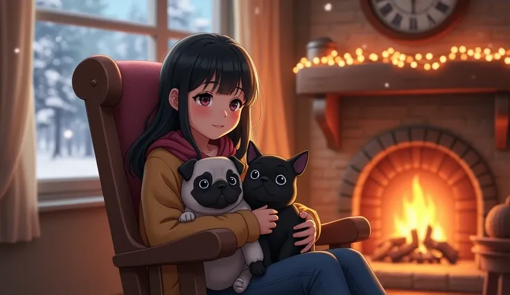 Heartwarming, photorealistic figure of a young woman inime style sitting in her rocking chair peacefully in her cozy home next to her cozy fireplace fire, Snuggling with her cute black and silver pugs. The room、soft, Decorated with warm lighting and fairy ...